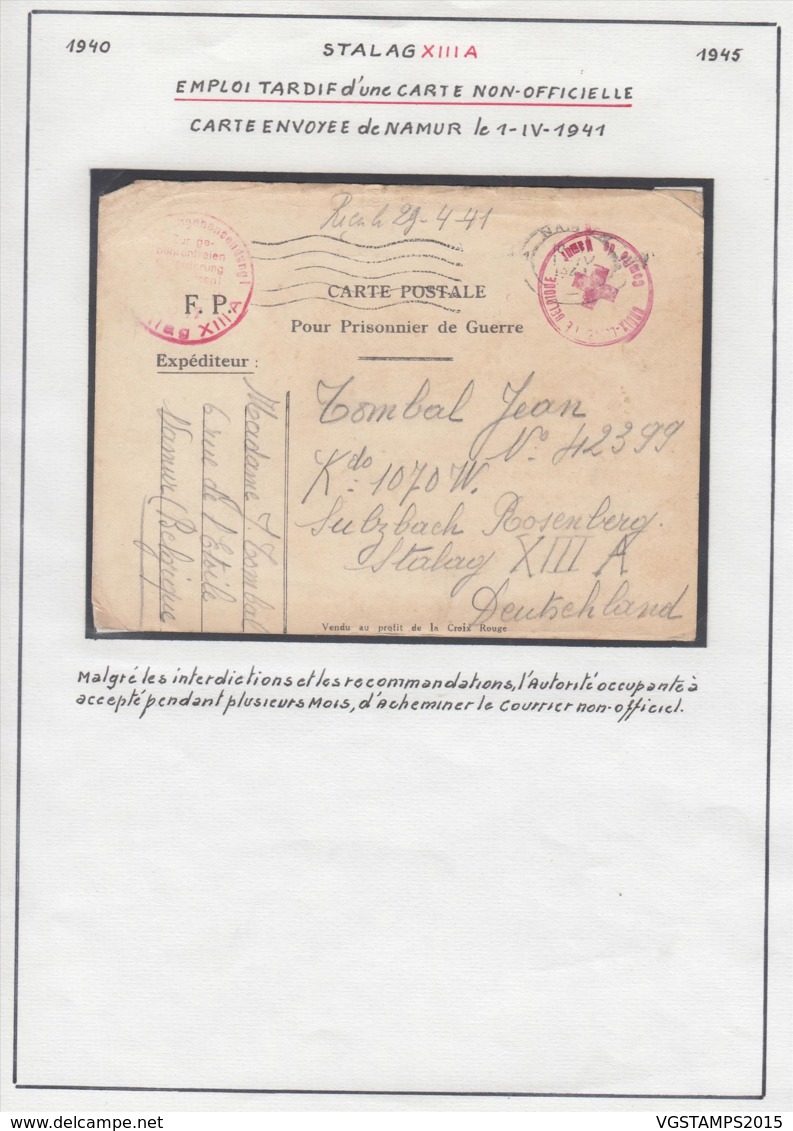 Belgique  Stalag XIII A- Emploi Tardif D'une Carte Non-officielle. Envoyée De Namur Le 1-IV-1941..  (VG) DC5284 - WW II (Covers & Documents)