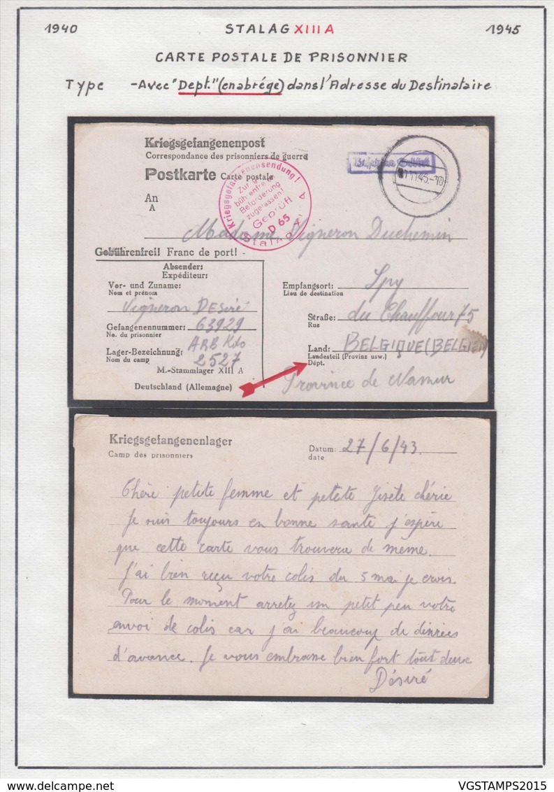 Belgique 1943 Stalag XIII A- Carte Postale De Prisonnier. Avec "Dept." (abrégé) Adresse Destinataire..  (VG) DC5287 - WW II (Covers & Documents)