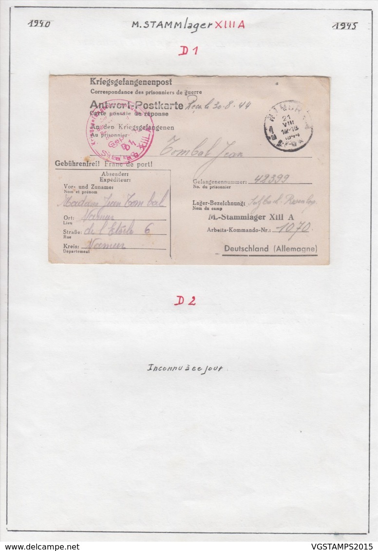 Belgique 1944 Stalag XIII A- D1 - Inconnu à Ce Jour. Correspondance Prisonniers De Guerre..... (VG) DC5295 - WW II (Covers & Documents)