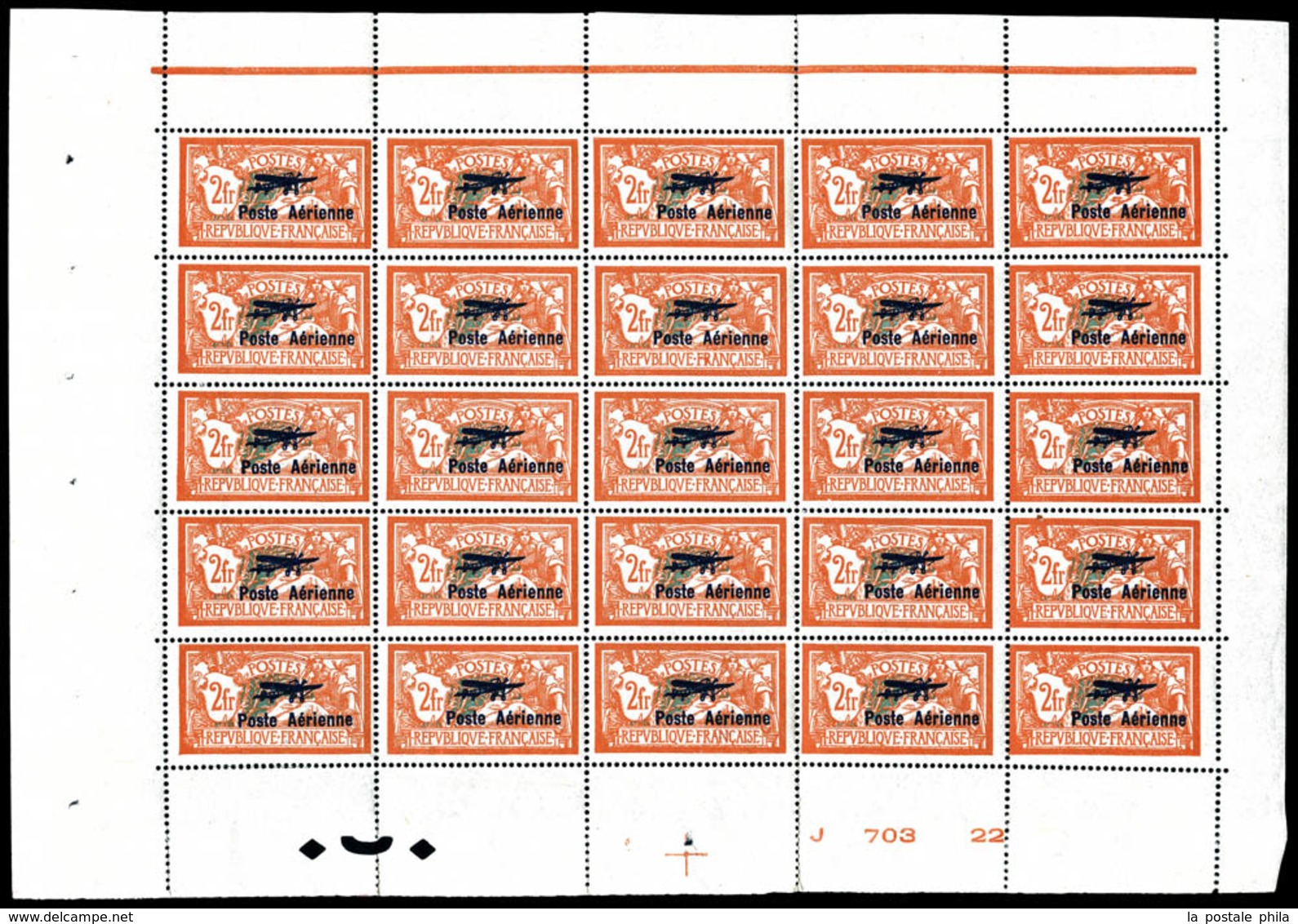 ** N°1/2, Paire Merson Surchargée En Panneau De 25 Exemplaires Bas De Feuille Numéroté Avec Croix De Repère Dont Variété - Fogli Completi