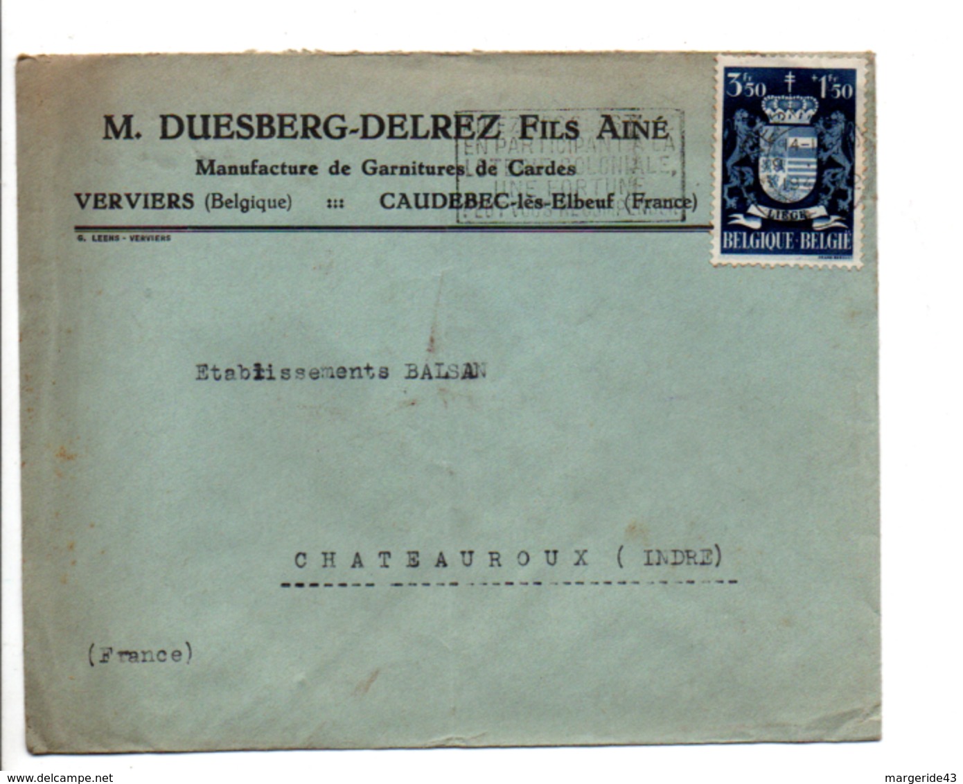 BELGIQUE LETTRE POUR LA FRANCE 1947 - Brieven En Documenten