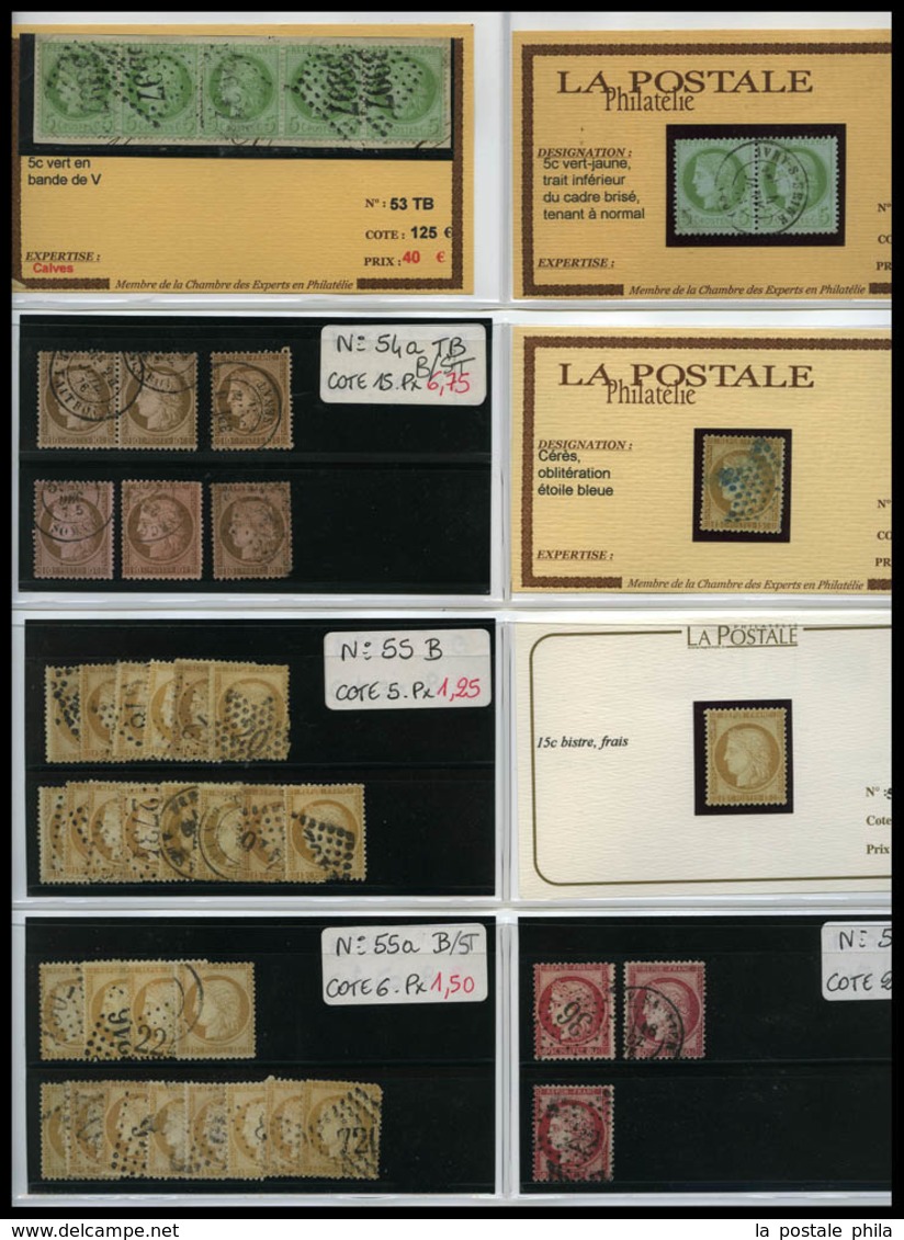 & 1872-1875, CERES DENTELES: beau stock neuf et oblitérés presenté sur fiches individuelles dont oblitérations, bandes,