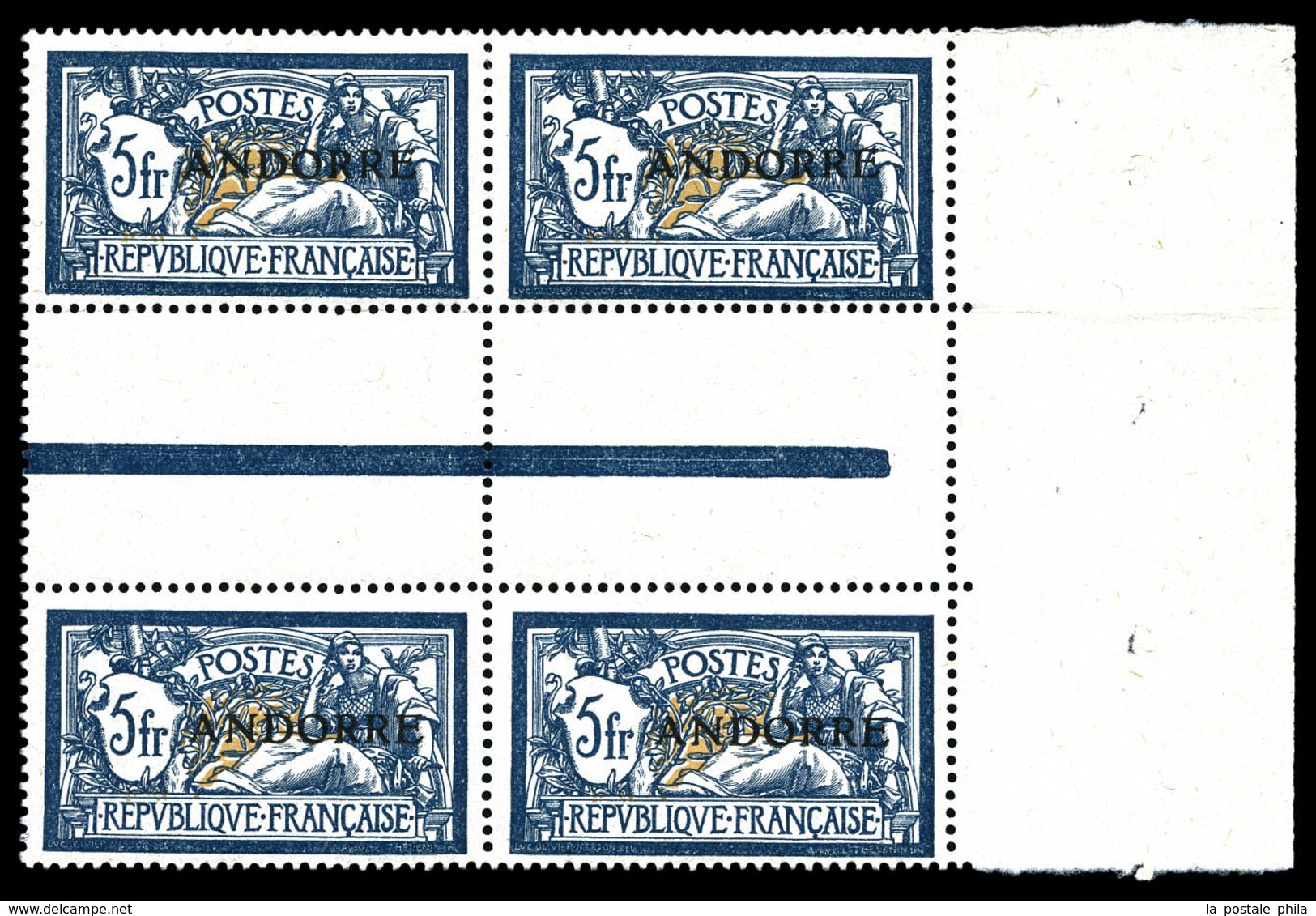 ** N°21, 5F Bleu Et Chamois En Bloc De 4 Avec Interpanneau. SUP (certificat)  Qualité: **  Cote: 1160 Euros - Unused Stamps