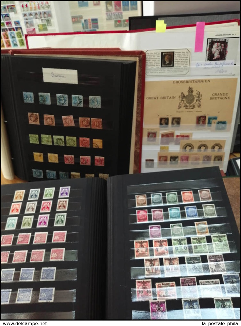 1840-1970: Ensemble composé de 21 Albums de timbres neufs et oblitérés dont Grande Bretagne, Etats Allemands, Suisse,