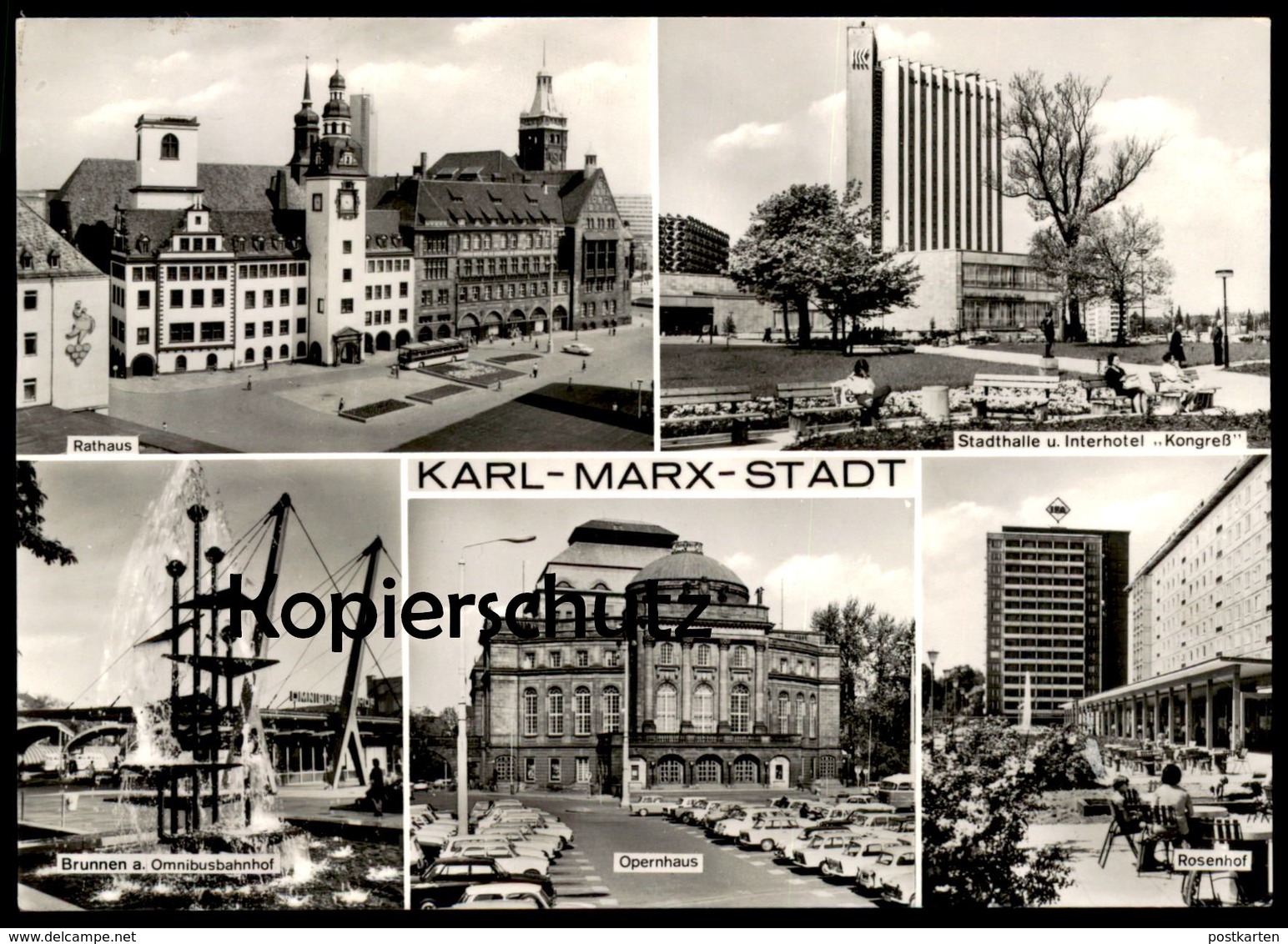 ÄLTERE POSTKARTE KARL-MARX-STADT ROSENHOF STADTHALLE INTERHOTEL KONGRESS RATHAUS BRUNNEN OMNISBUSBAHNHOF Chemnitz AK Cpa - Chemnitz (Karl-Marx-Stadt 1953-1990)
