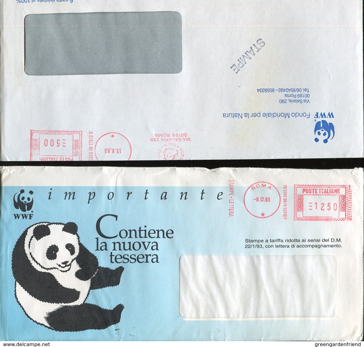 49913 Italia,  2 Red Meters Freistempel Ema,  WWF Italia On Circuled Covers 1993 - Briefe U. Dokumente