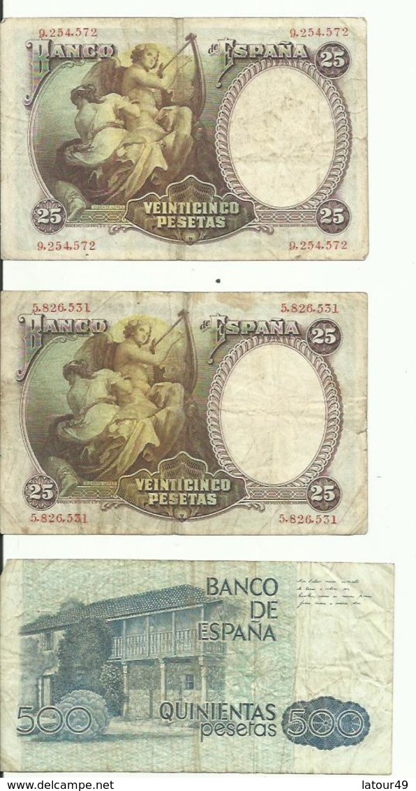 3 Billets Espagne 1 De  500 Petas 1979 Et 2 De 25 Pesetas 1931 - 25 Pesetas