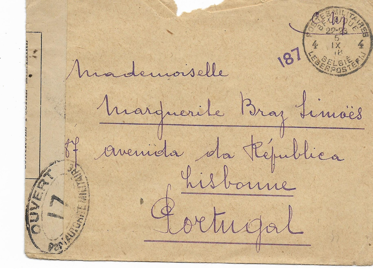 1918 Rare Lettre En Franchise Militaire Controle Postal Militaire Vers Le PORTUGAL  Envoyée Du FRONT - E.M. Armée Belge - Armada Belga