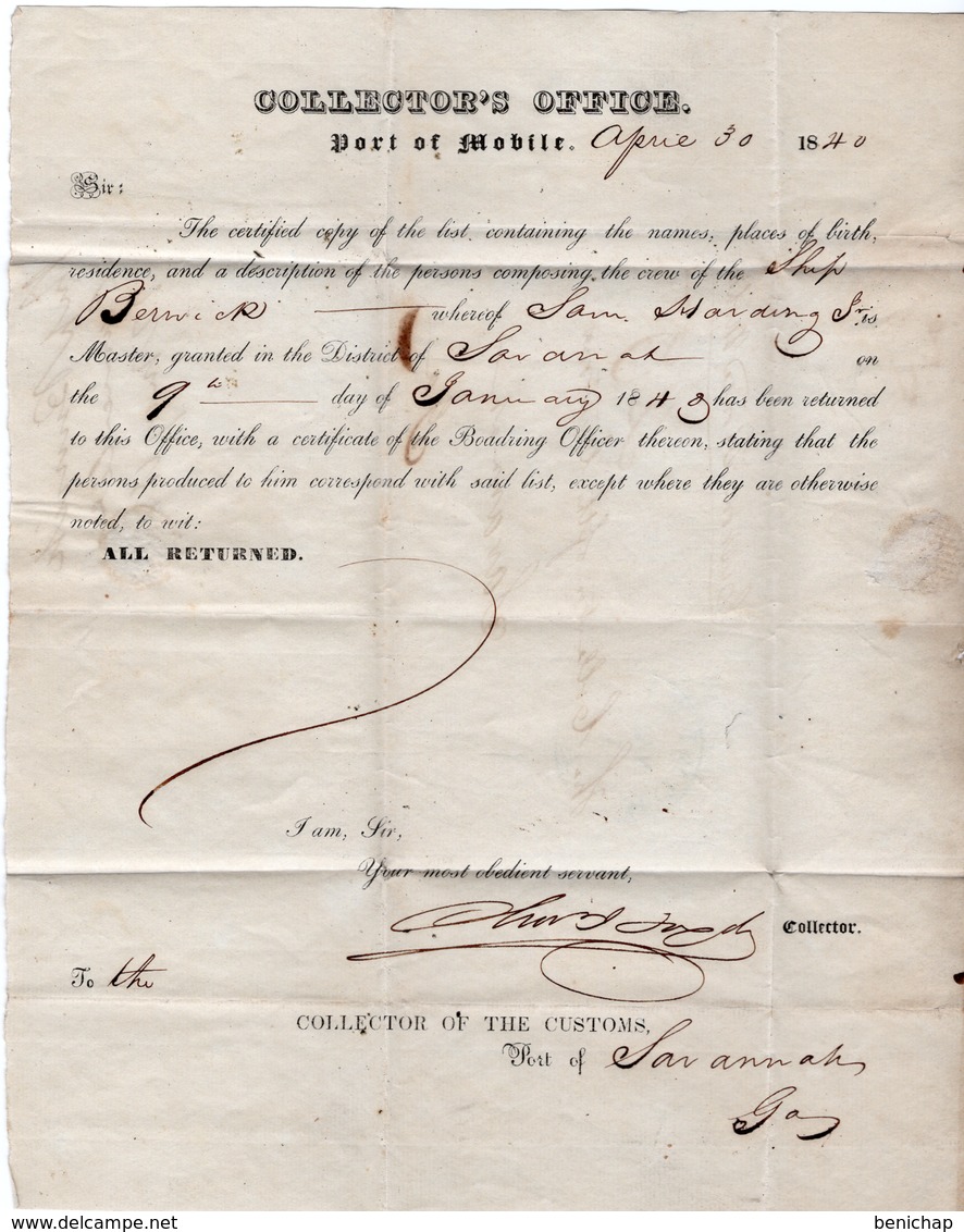 (R7) ALA, MOBILE MAY 3, 1840 To SAVANNAH, GEORGIA - Re : - SHIP BERWICK - MARITIME USE. - …-1845 Prephilately