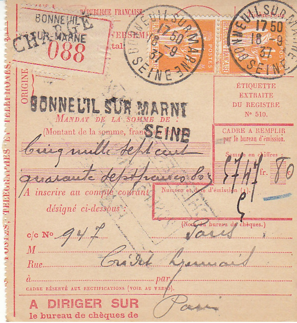 Mandat Carte Chargé De Bonneuil Sur Marne ,Seine  , Affrachi Paix N° 286 X 2 , De 1937 - Cachets Manuels