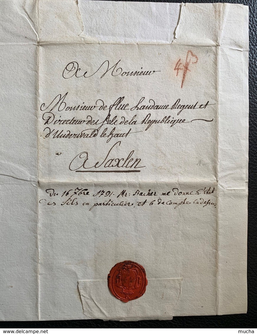 60116 -  Lettre De Soleure à M. De Flue Directeur De La Répunlique D'Underwald Le Haut à Saxlen (Sachseln) 16.09.1791 - ...-1845 Vorphilatelie