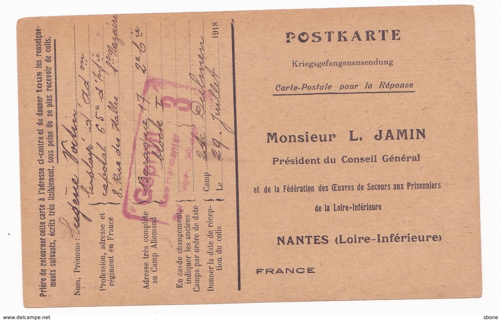 Carte En Franchise Militaire - L. Jamin - Secours Aux Prisonniers - Nantes - 1918 - Lettres & Documents