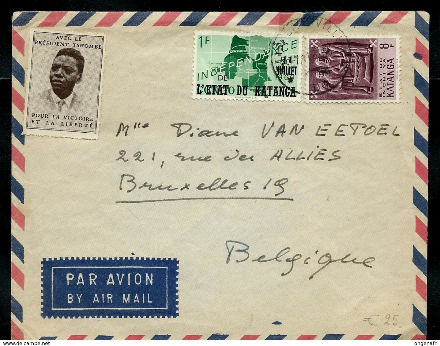 Lettre Avec Vignette: Tshombé + N° 42 Et 61  Obl. Elisabethville Pour Bruxelles 19 - Katanga