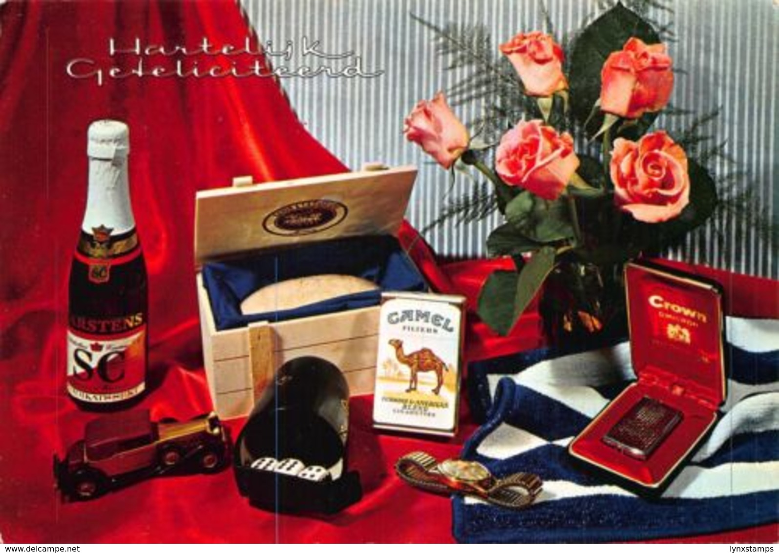 Hartelijk Gefeliciteerd Flowers In Vase Arstens Bottle Camel Cigars Postcard - Souvenir De...