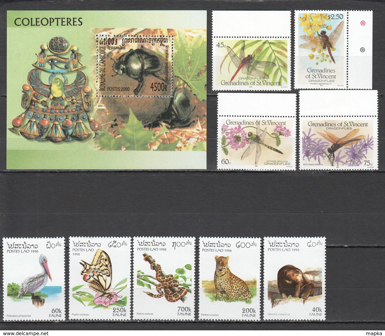 S1126 MIX CAMBODGE LAO ST. VINCENT INSECTS DRAGONFLIES FAUNA ANIMALS BUTTERFLIES BIRDS 2SET+1BL MNH - Andere & Zonder Classificatie