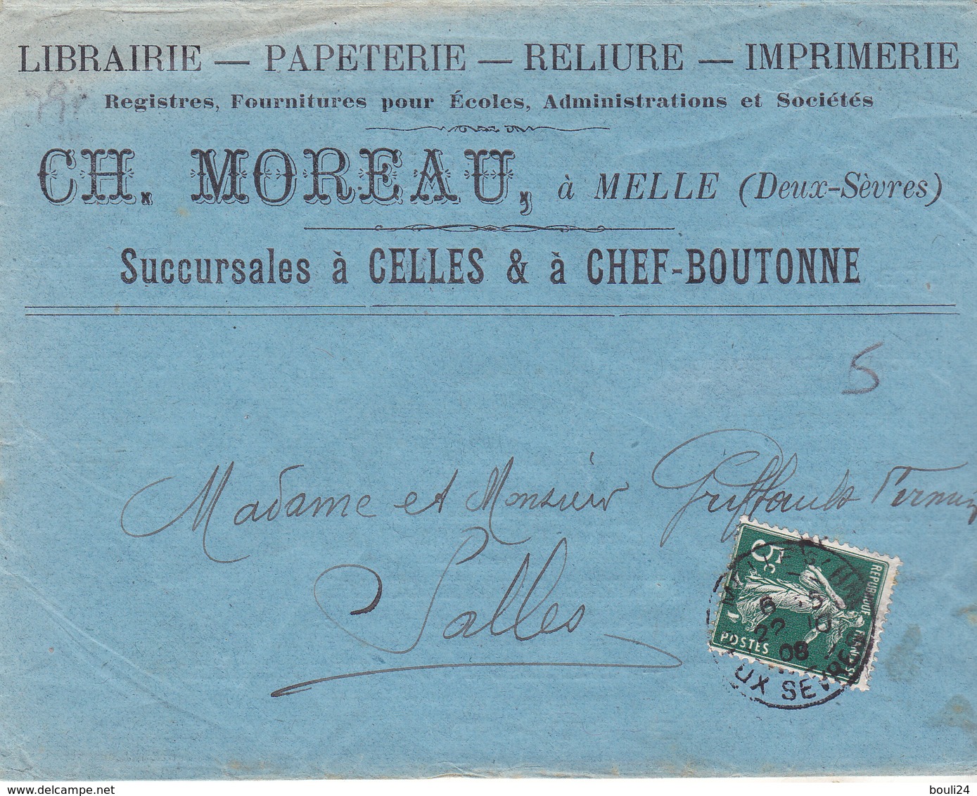 ENVELOPPE PUBLICITAIRE LIBRAIRIE PAPETERIE  CH MOREAU  A MELLE  DEUX SEVRES  LETTRE CIRCULEE - 1877-1920: Periodo Semi Moderno