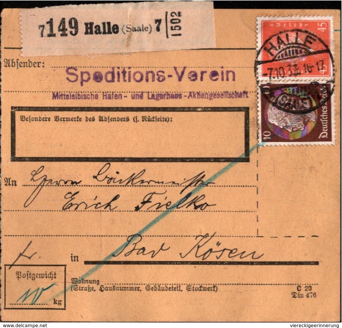 ! 1933 Paketkarte Deutsches Reich, Halle Saale - Briefe U. Dokumente