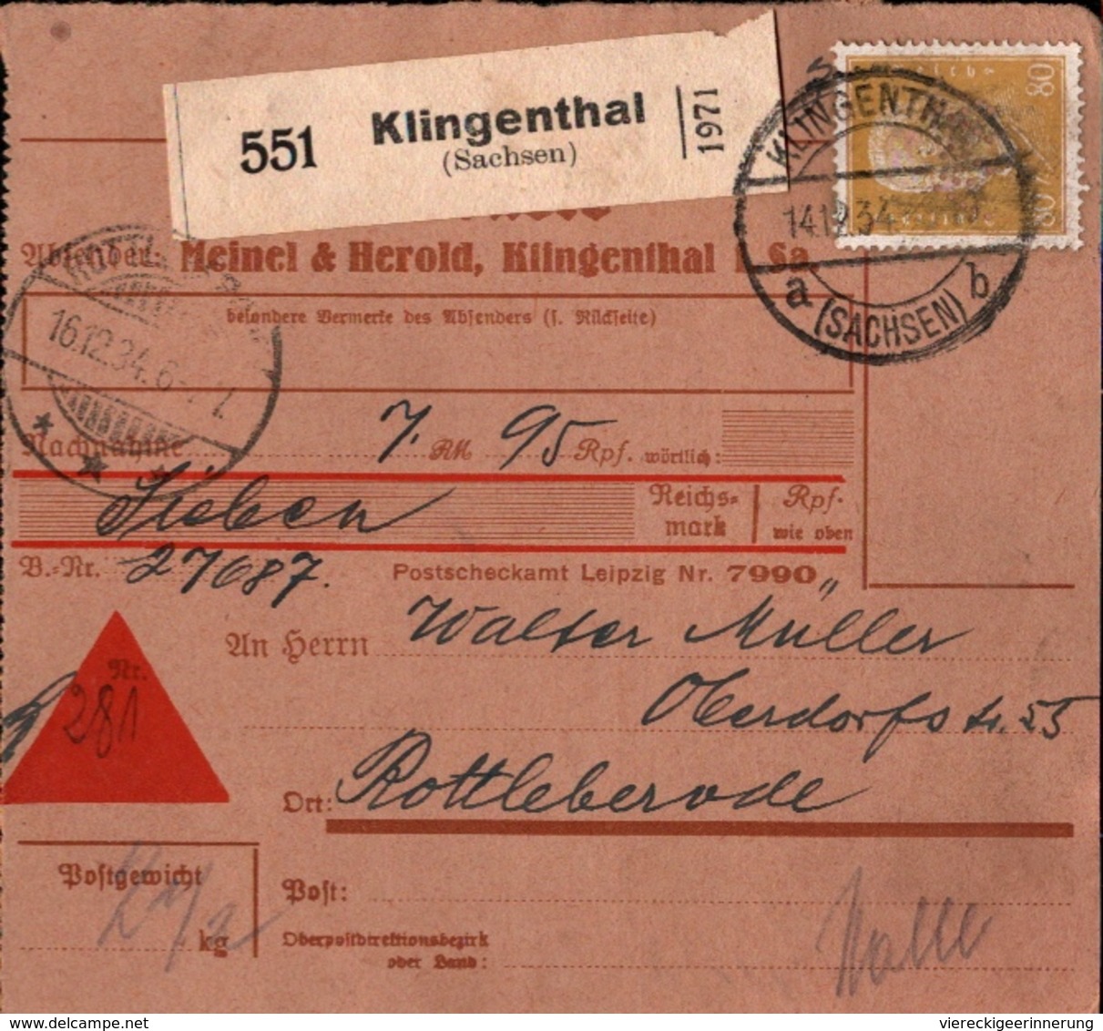 ! 1934 Nachnahme Paketkarte Deutsches Reich, Klingenthal In Sachsen, Rottleberode - Cartas & Documentos