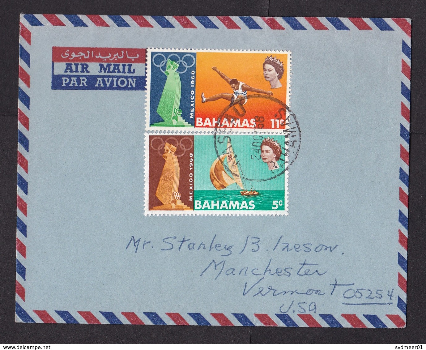 Bahamas: Airmail Cover To USA, 1968, 2 Stamps, Olympics, Athletics, Jumping, Sailing, Sports (minor Damage At Back) - 1963-1973 Autonomia Interna