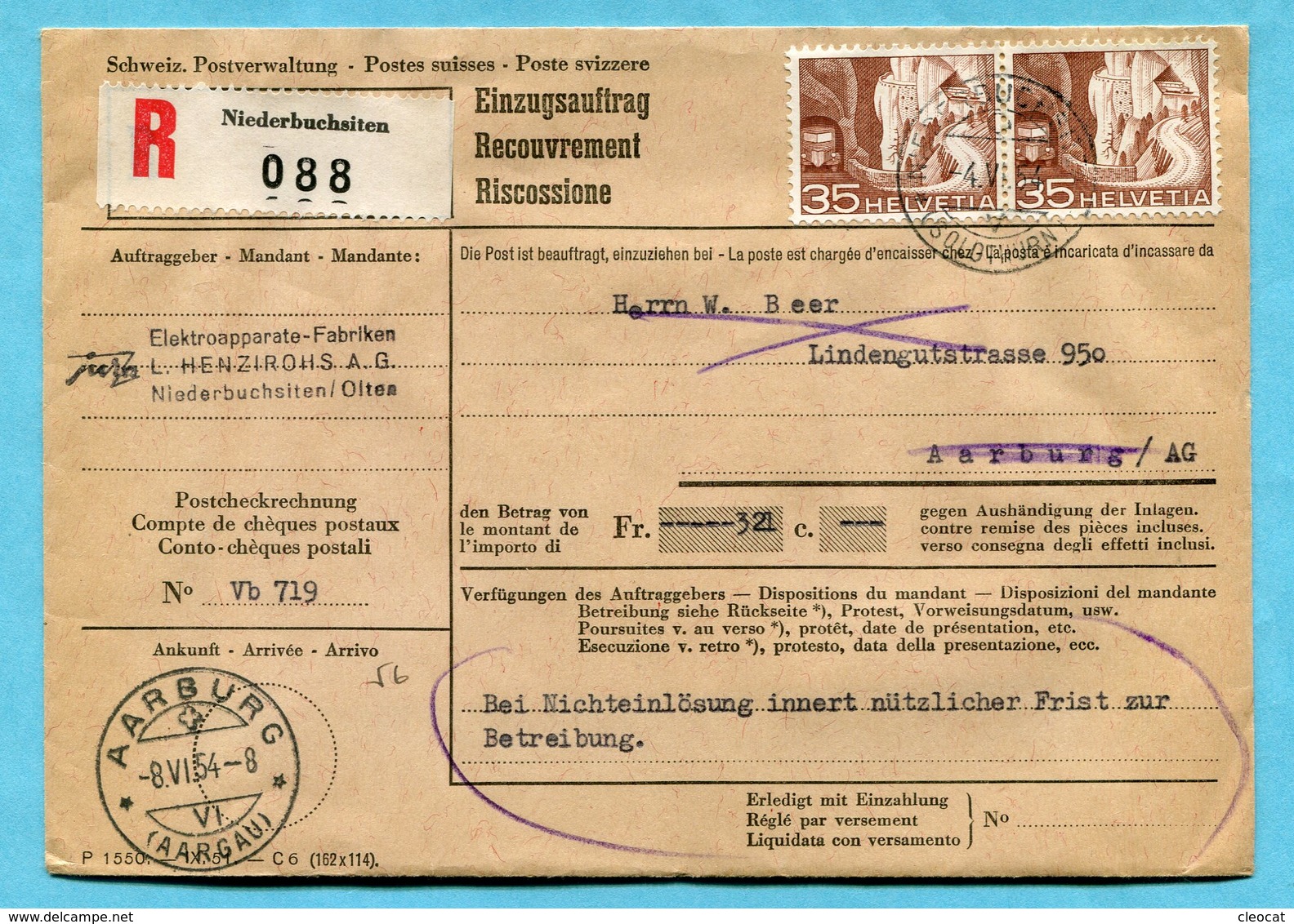 Einzugsauftrag Niederbuchsitten 1954 - Absender: Jura - L. Henzirohs A.G. - Lettres & Documents