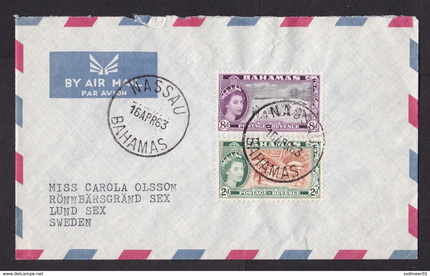 Bahamas: Airmail Cover To Sweden, 2 Stamps, Queen Elizabeth II, QEII, Beach, Native Straw Work (roughly Opened) - 1859-1963 Crown Colony