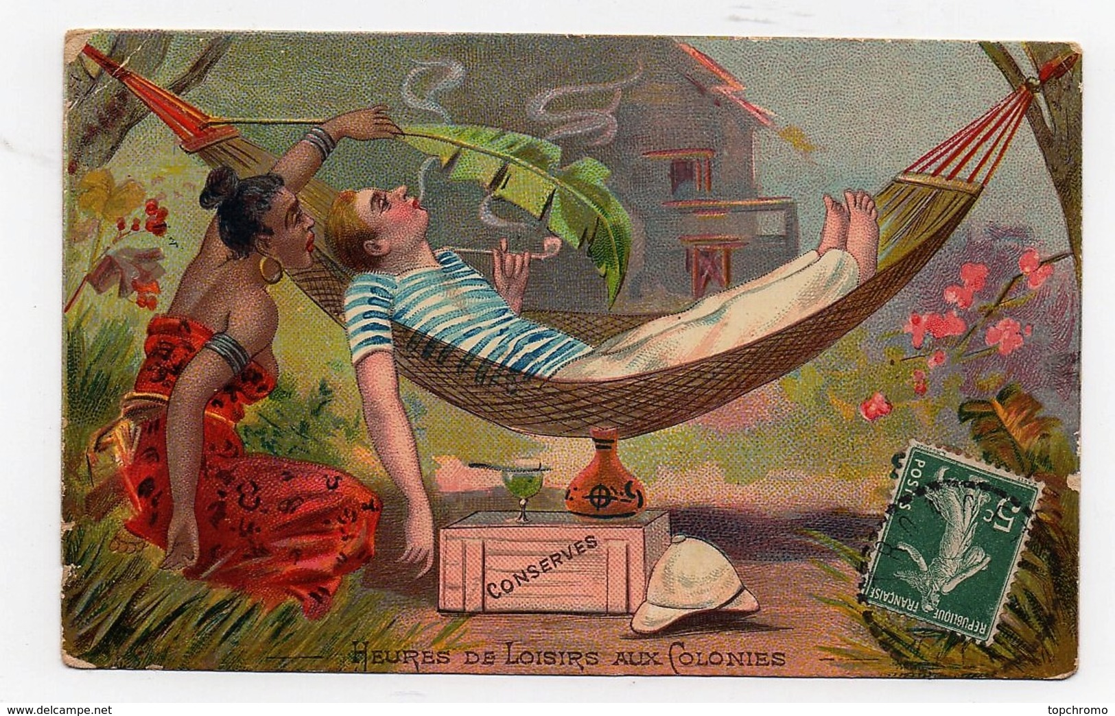 CPA Humour Heures De Loisirs Aux Colonies Conserves Alcool Casque Colonial Pipe Femme Noire Afrique - Humor