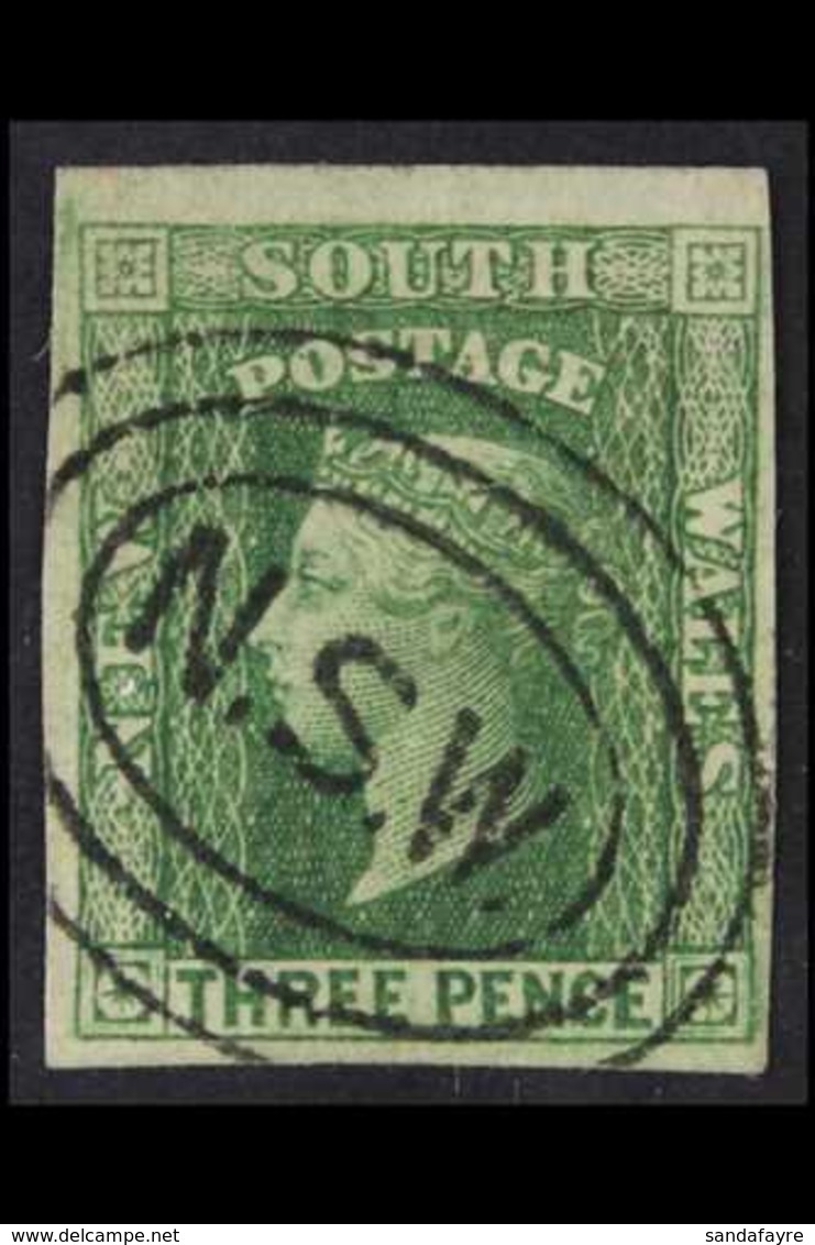 NEW SOUTH WALES 1856-60 3d Dull Green Diadem, SG 17, Very Fine Used With Four Margins, Fresh. For More Images, Please Vi - Altri & Non Classificati