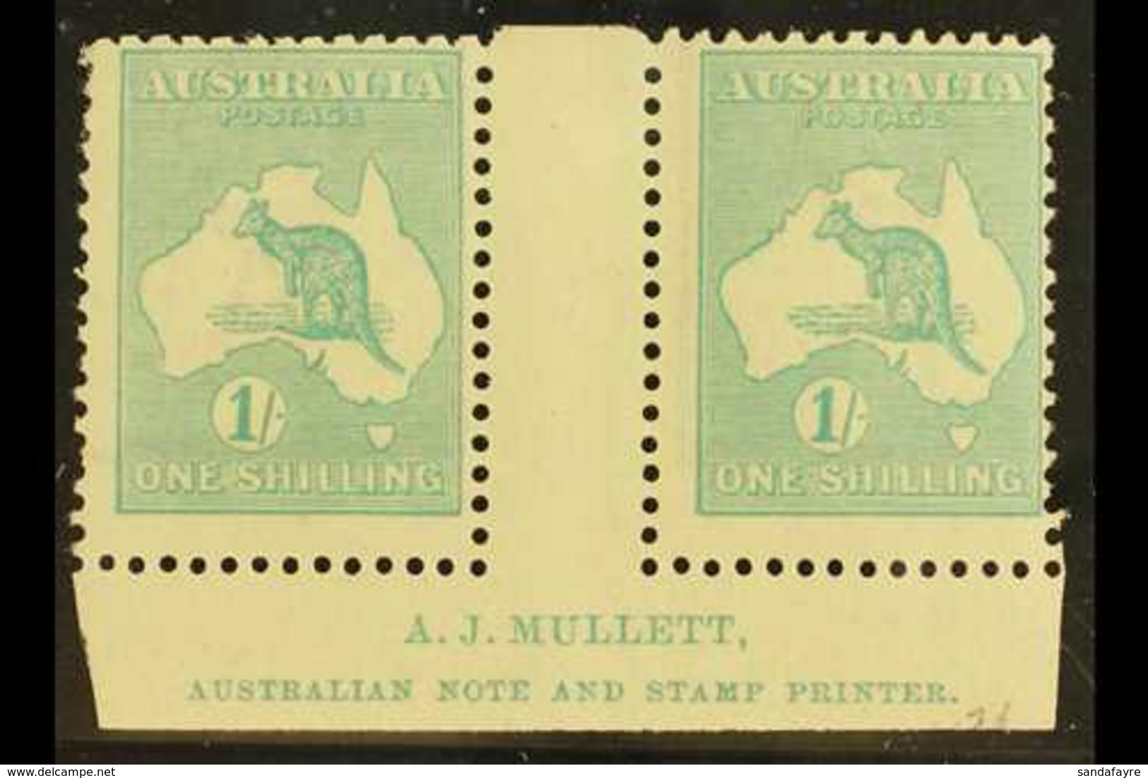 1915-27 1s Blue-green 'Roo, Die IIB, SG 40b, Lower Marginal Gutter Pair With "A.J. MULLETT" Inscription, Never Hinged Mi - Other & Unclassified