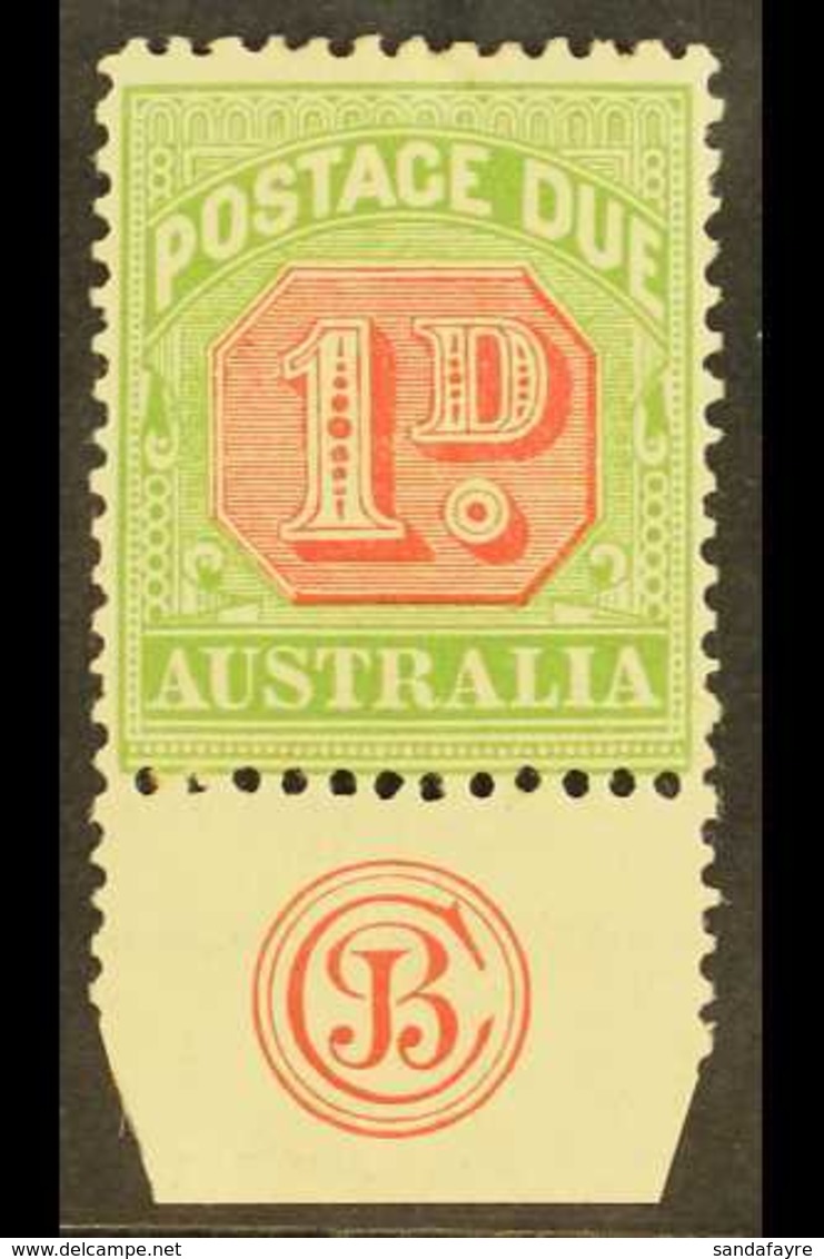 POSTAGE DUES 1909 1d Rosine And Yellow Green Die 1, Very Fine Mint Lower Marginal Copy Showing JBC Monogram. For More Im - Altri & Non Classificati