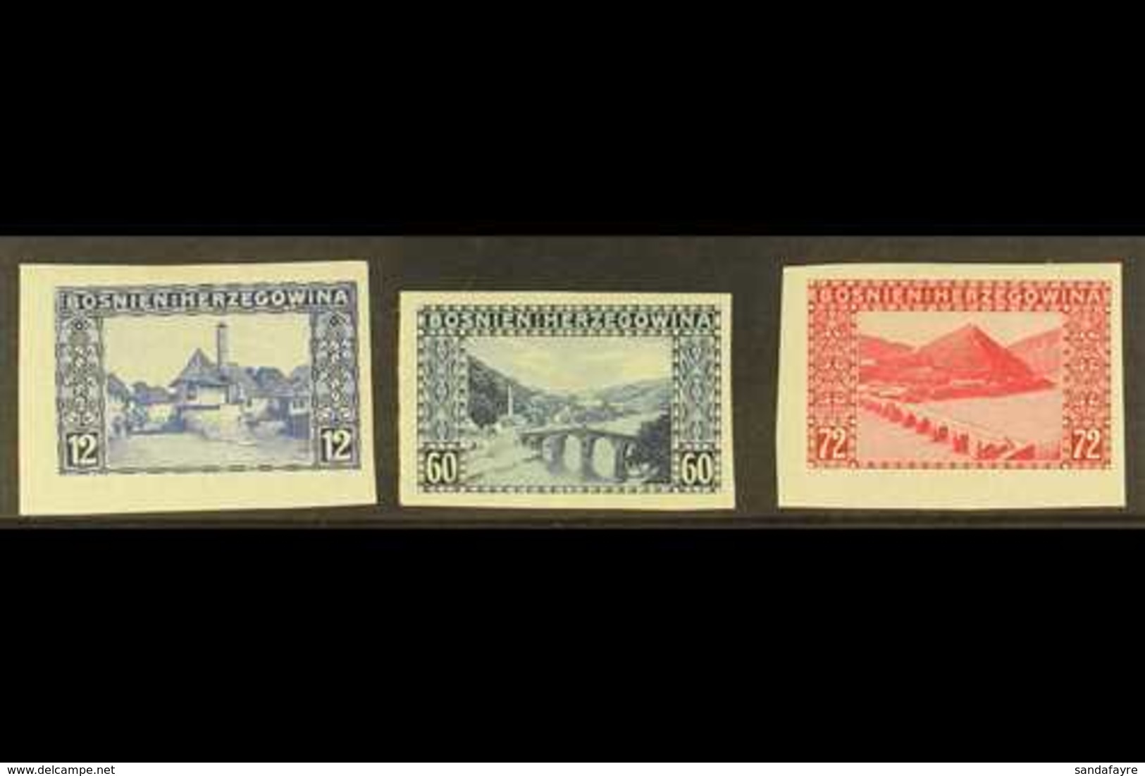 BOSNIA AND HERZEGOVINA 1912 Landscapes Complete IMPERF Set, Michel 61/63 U (SG 359/61 Var), Very Fine Mint, Very Fresh.  - Sonstige & Ohne Zuordnung