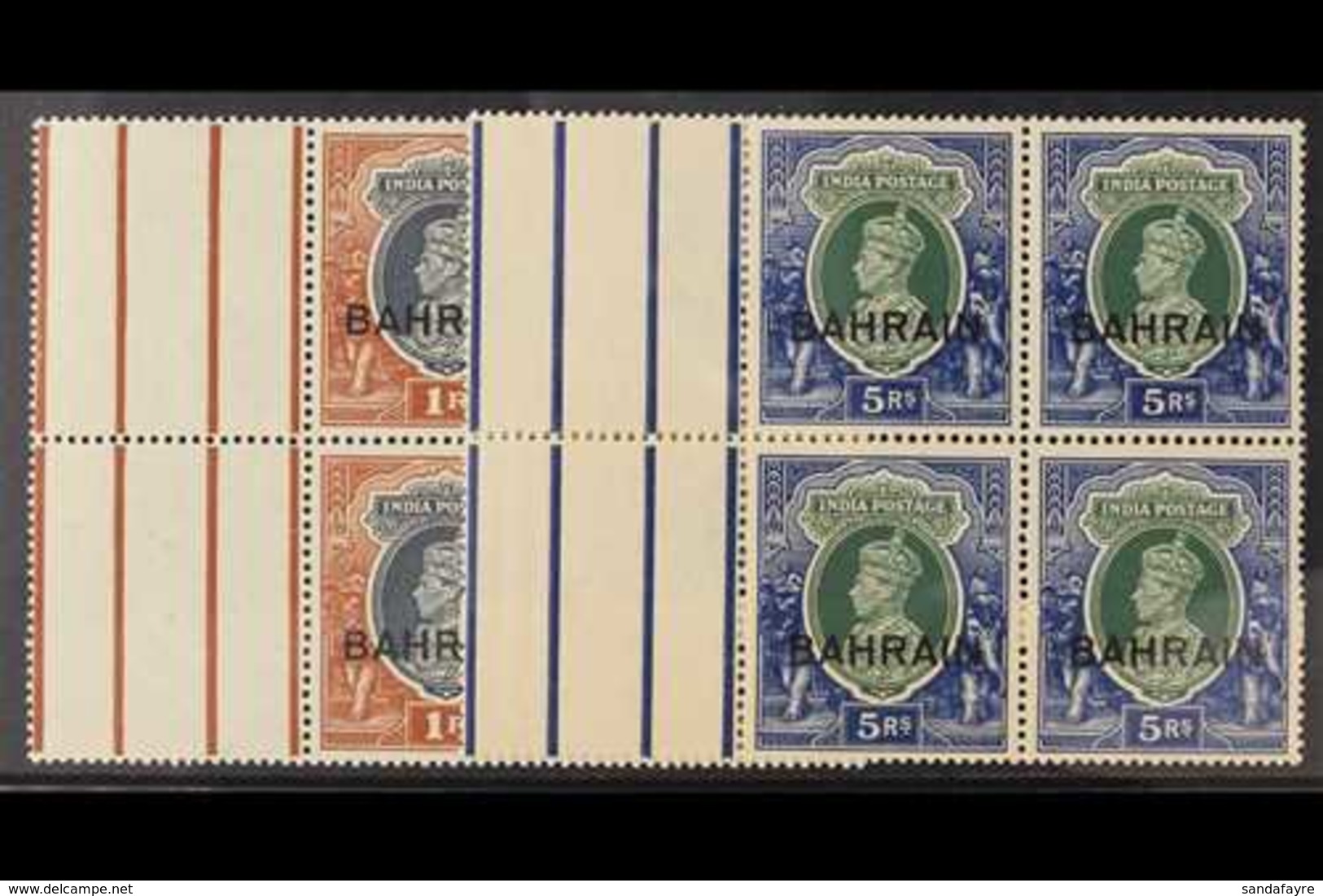 1938-41 1r Grey And Red-brown And 5r Green And Blue, SG 32 And 34, Each As Never Hinged Mint Left Gutter BLOCKS OF FOUR. - Bahrein (...-1965)