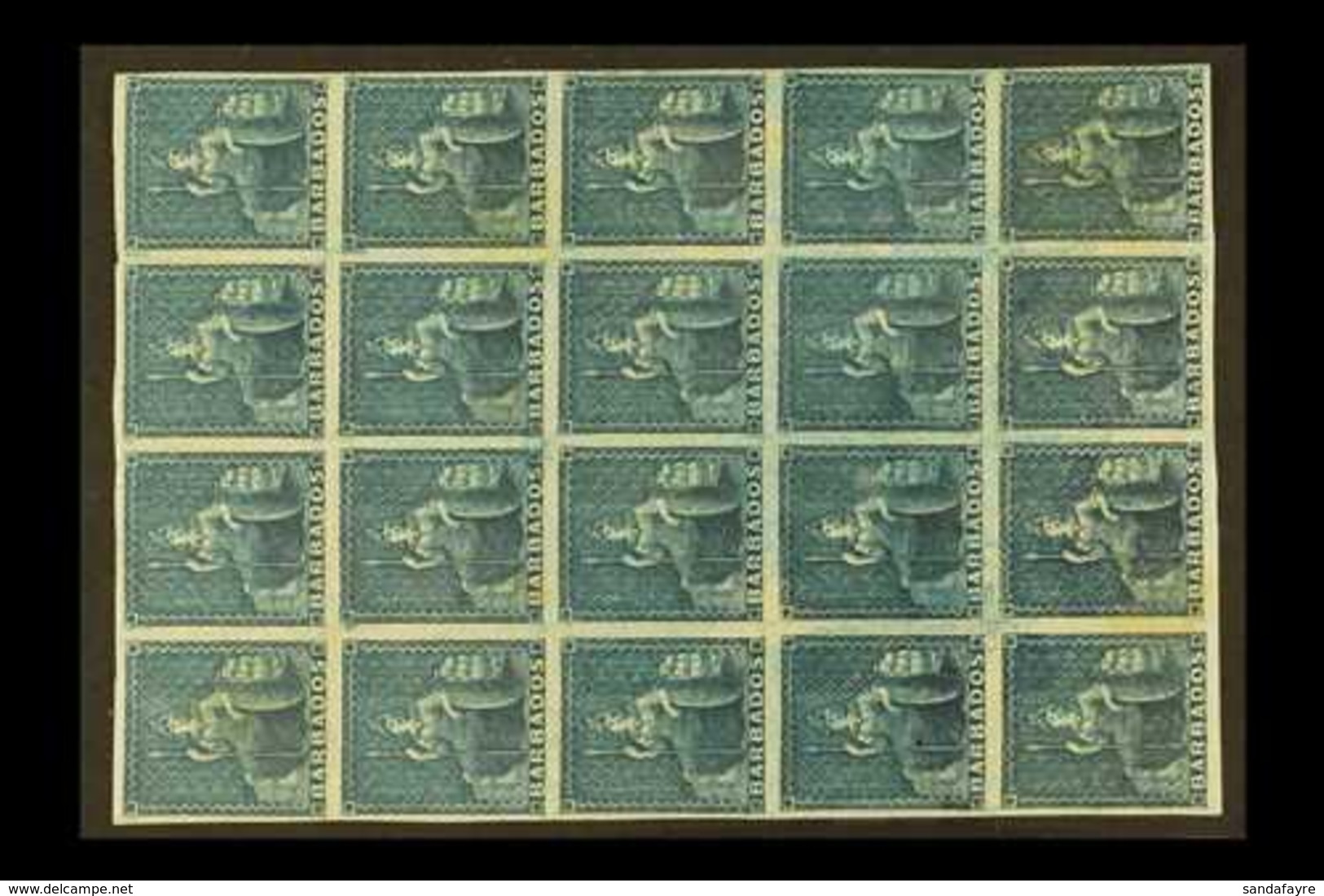 1852-55 Slate-blue Britannia, SG 5a, Mint Block Of Twenty (4x5), Most Are Never Hinged, Some Light Age Marks For More Im - Barbados (...-1966)