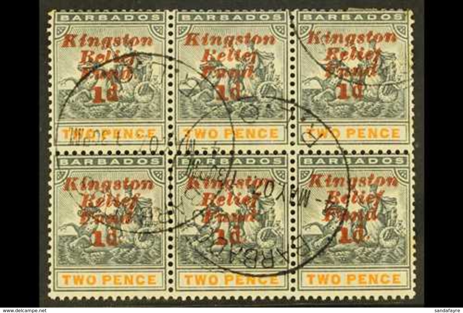 1907 KINGSTON RELIEF FUND (Eighth Setting) Upright Overprint 1d On 2d, SG 153, Fine Used BLOCK OF SIX (3 X 2) Including  - Barbados (...-1966)