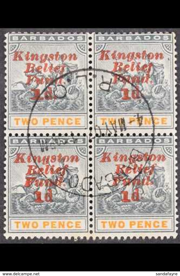 1907 KINGSTON RELIEF FUND (Eighth Setting) Upright Overprint 1d On 2d (SG 153) - A BLOCK OF FOUR Including No Stop After - Barbados (...-1966)