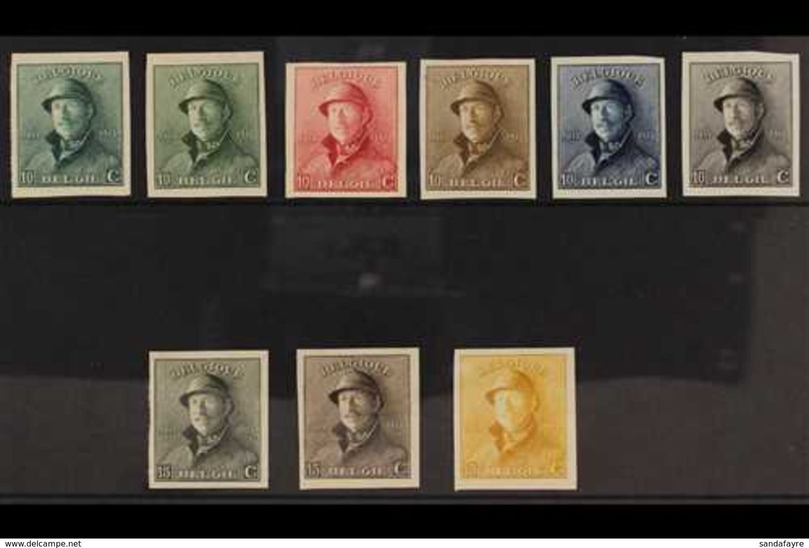 1919 IMPERF COLOUR PLATE PROOFS. 10c & 15c King Albert Tin Hat All Different Group Of Imperf Proofs Printed In Various C - Sonstige & Ohne Zuordnung