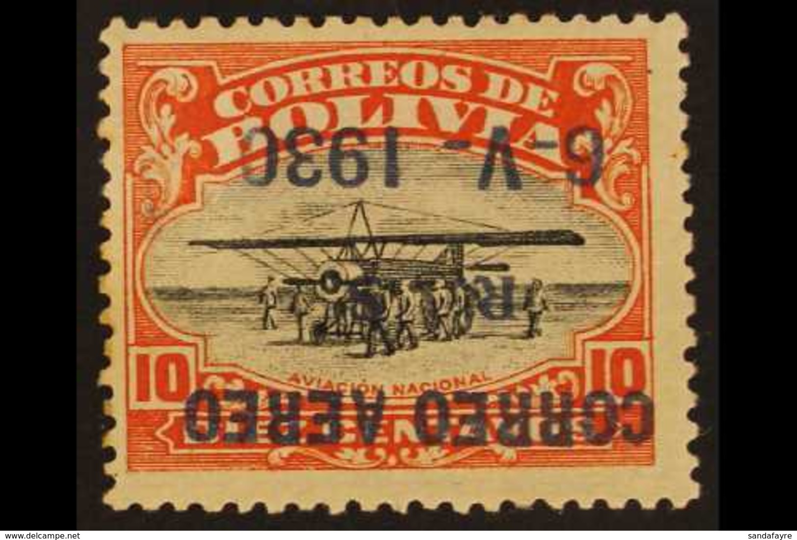 1930 10c Black And Orange- Red With AIR POST OVERPRINT INVERTED, SG 229 Variety (Sanabria 23a), Very Fine Mint. Only 100 - Bolivien