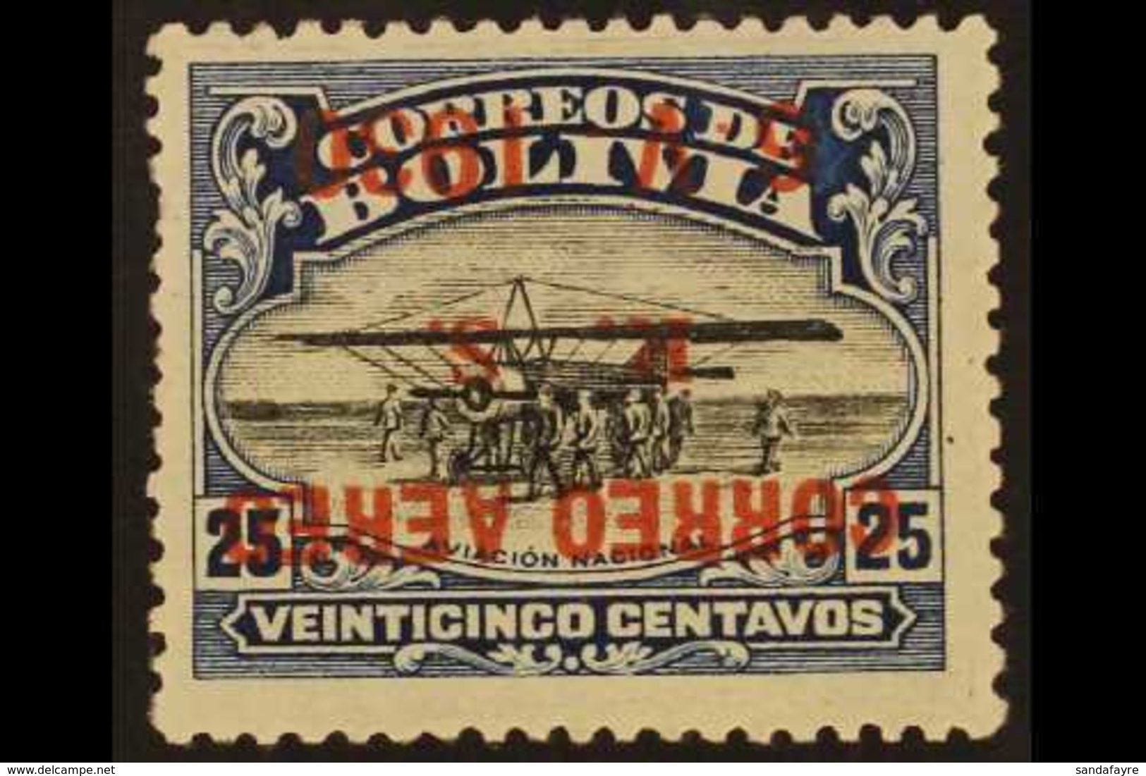 1930 25c Black And Blue With AIR POST OVERPRINT INVERTED, SG 232 Variety (Sanabria 25a), Very Fine Mint, Couple Of Short - Bolivien