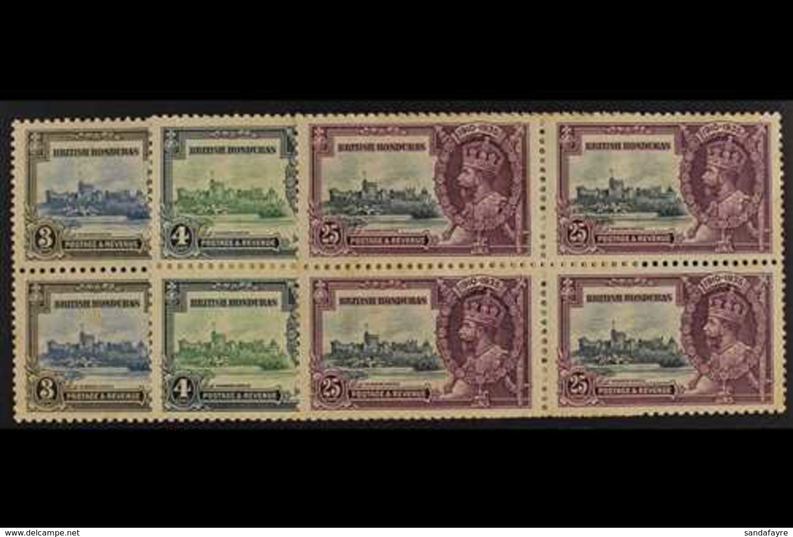 1935 3c, 4c And 25c Silver Jubilee, Mint Blocks Of 4 Showing The Variety "Extra Flagstaff", SG 143a, 144a, 146a, Toned G - Britisch-Honduras (...-1970)