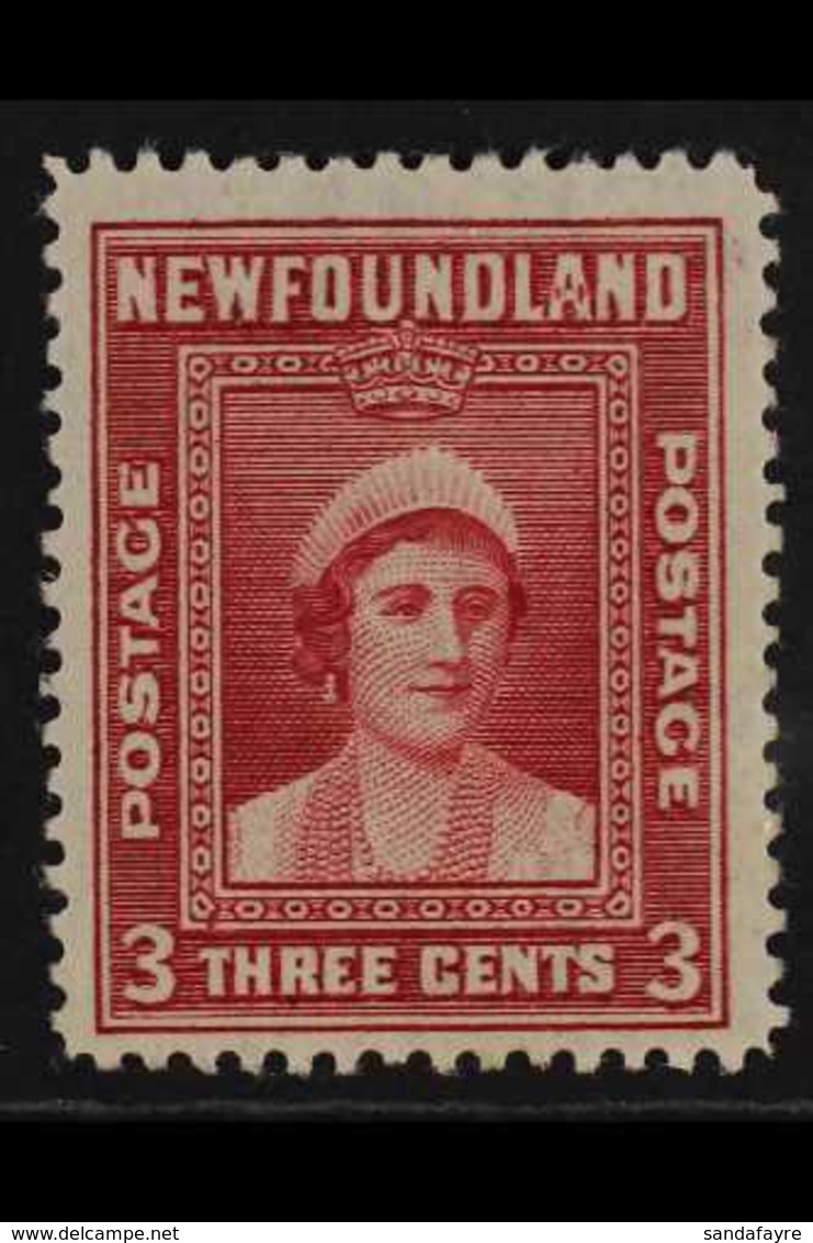 1941-44 3c Carmine Queen Mother With DAMAGED 'A' Variety, SG 278b, Never Hinged Mint, Fresh. For More Images, Please Vis - Other & Unclassified