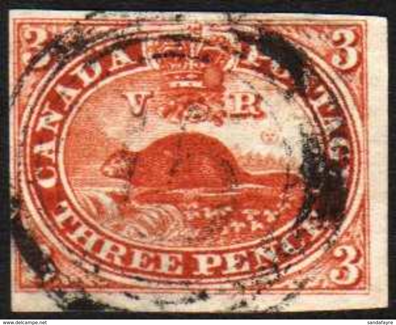 1857 3d Red Imperf Beaver On Machine-made Wove Paper, SG 18, Fine Used With Four Clear To Large Margins, And With Neat U - Altri & Non Classificati