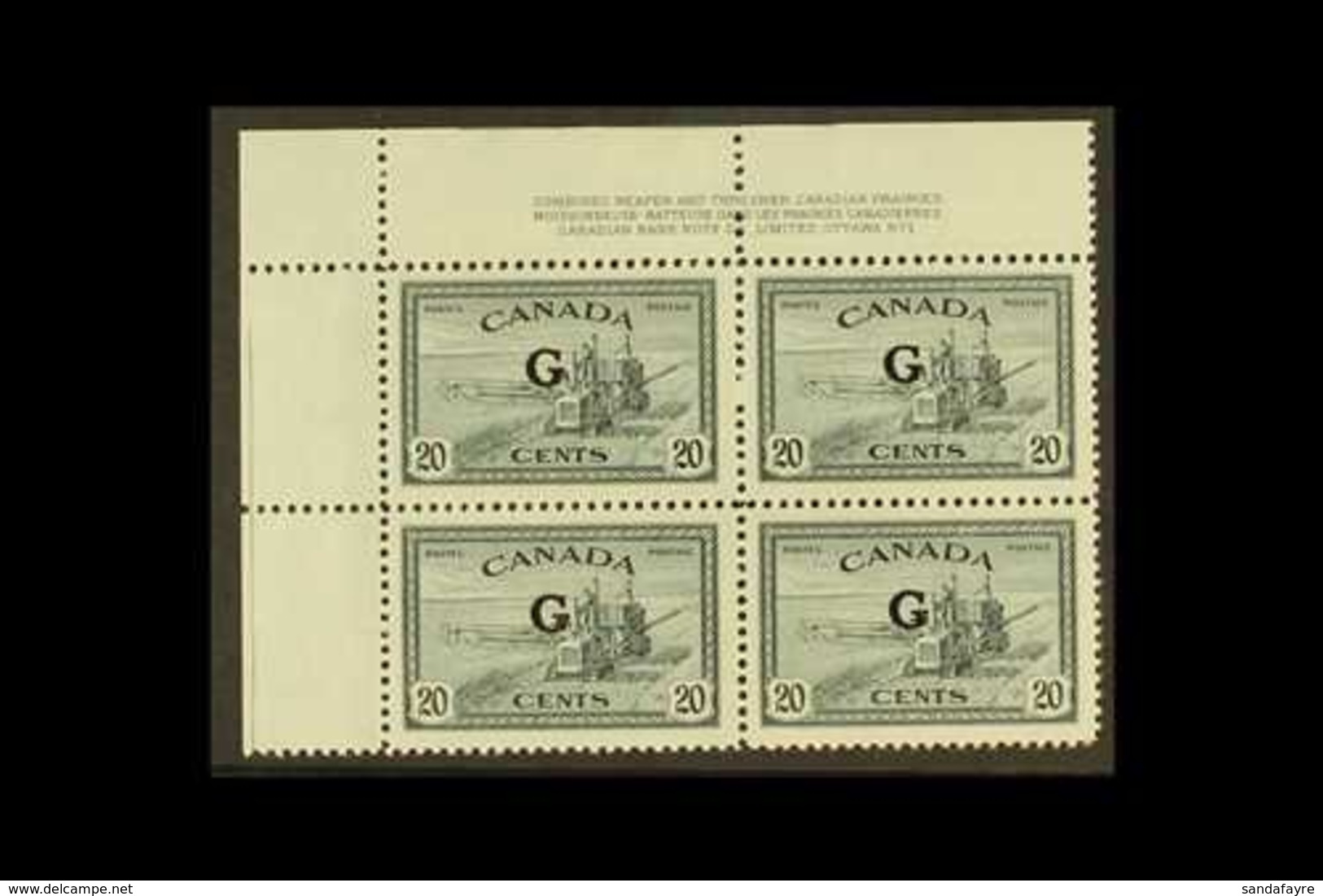 OFFICIAL 1950-52 20c Slate With "G" Overprint, SG O187, Top Left Corner PLATE BLOCK Of Four From Plate Number 1, Never H - Altri & Non Classificati