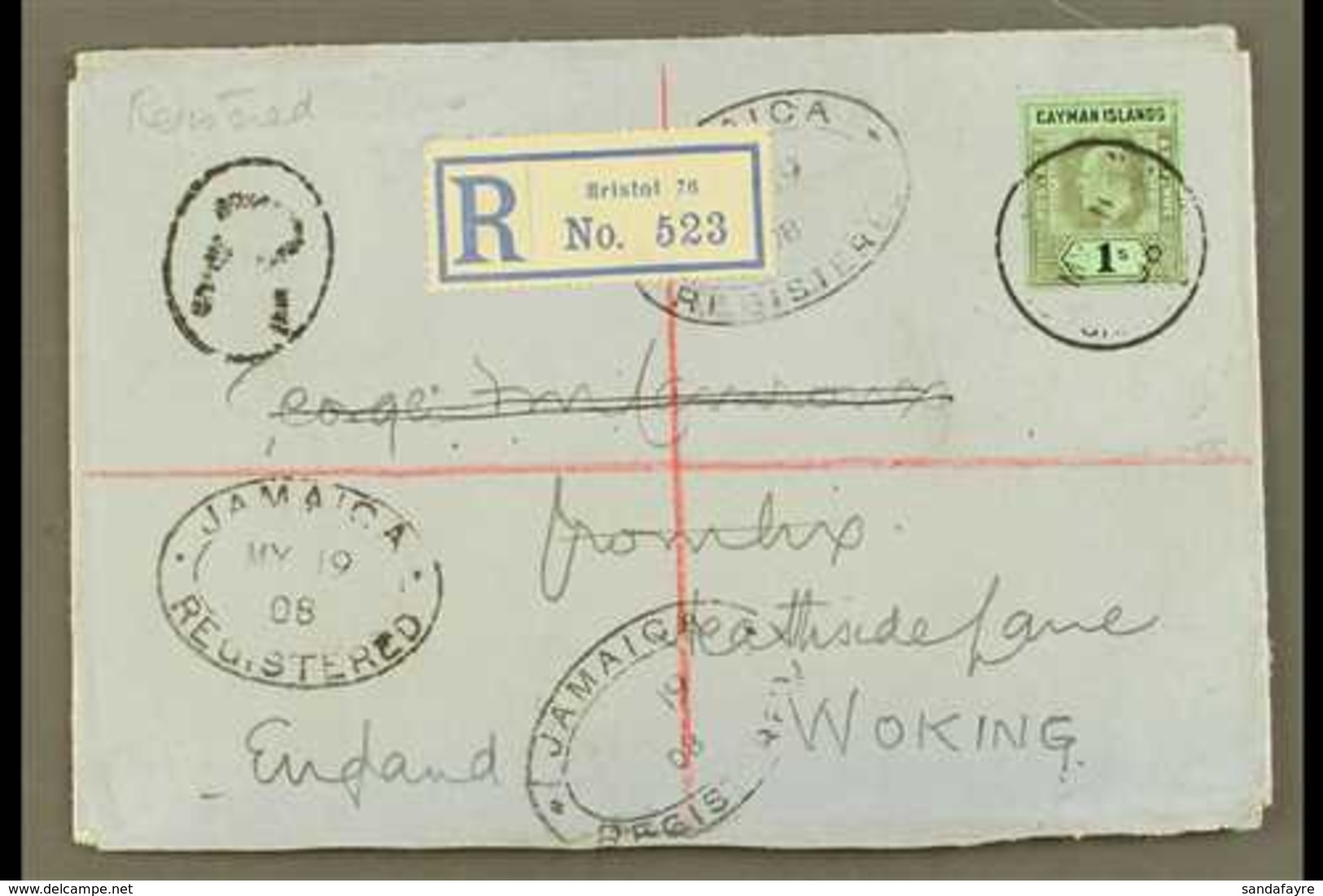 1908 (11 May) Registered Cover To England, Bearing 1907-09 1s Wmk CA Stamp (SG 33) Tied By Cds Cancel, With Registration - Cayman Islands