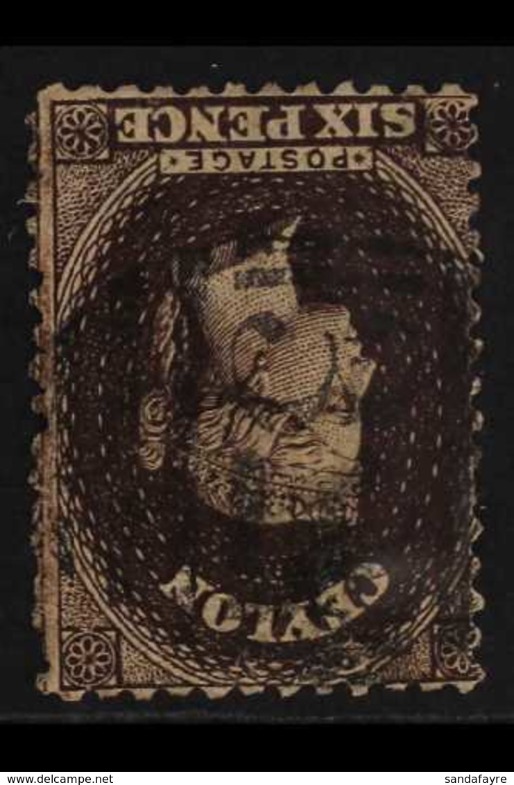 1863-66 6d Blackish Brown WATERMARK INVERTED & REVERSED Variety, SG 55cy, Fine Used, Small Thin, Fresh. For More Images, - Ceylon (...-1947)