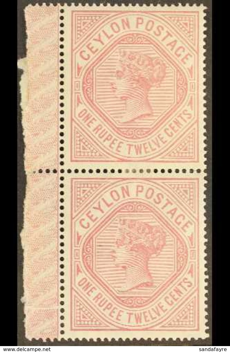 1887 1r12c Dull Rose Wmk Crown CC Sideways, SG 201, Very Fine Mint Vertical PAIR With Engine- Turned Ornamental Sheet Se - Ceylon (...-1947)