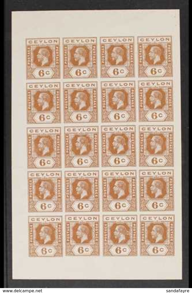 1912 IMPERF COLOUR TRIAL PROOFS. Complete IMPERF PANE OF 20 PROOFS Of The 6c Value Inscribed 'Postage Postage' (used For - Ceylon (...-1947)