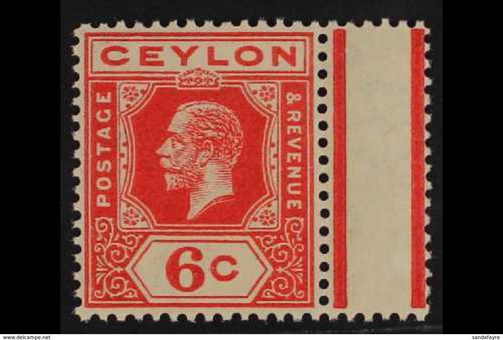 1912-25 1912-25 6c Pale Scarlet WATERMARK SIDEWAYS Variety, SG 305a, Never Hinged Mint, With Gutter Margin At Right, Ver - Ceylon (...-1947)