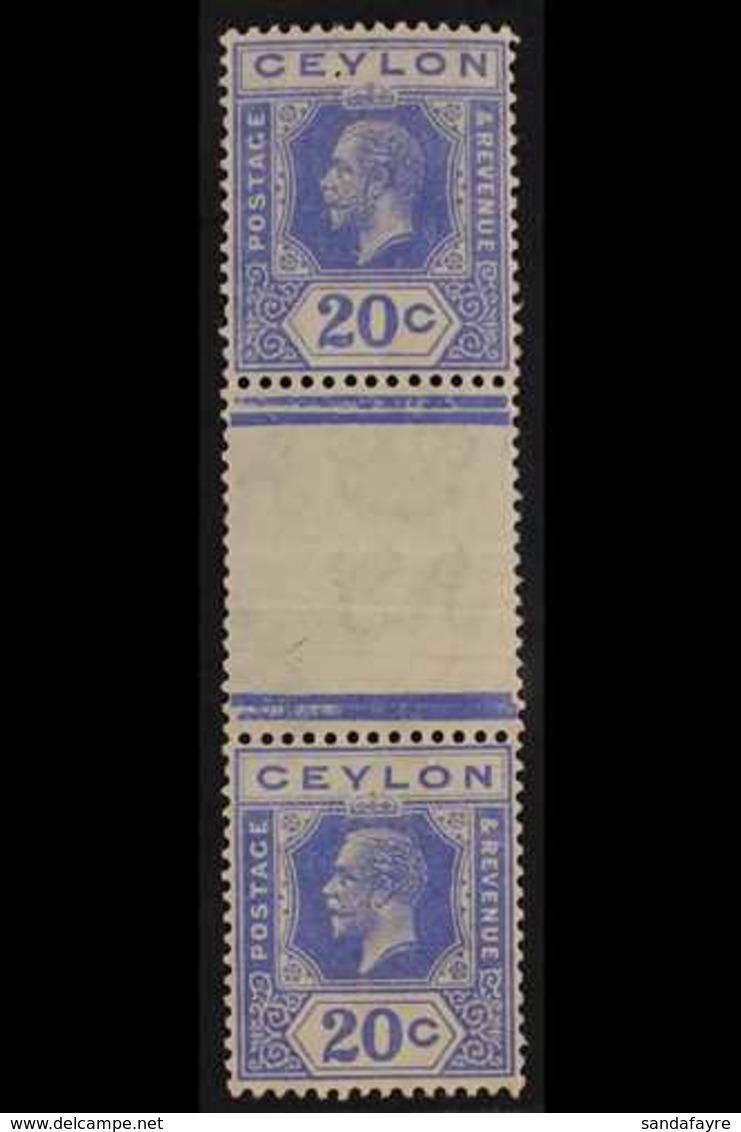 1921-32 20c Bright Blue VERTICAL GUTTER PAIR DIE I AND DIE II, SG 352b, Fine Mint, Folded Alongside Gutter, Very Scarce. - Ceylon (...-1947)