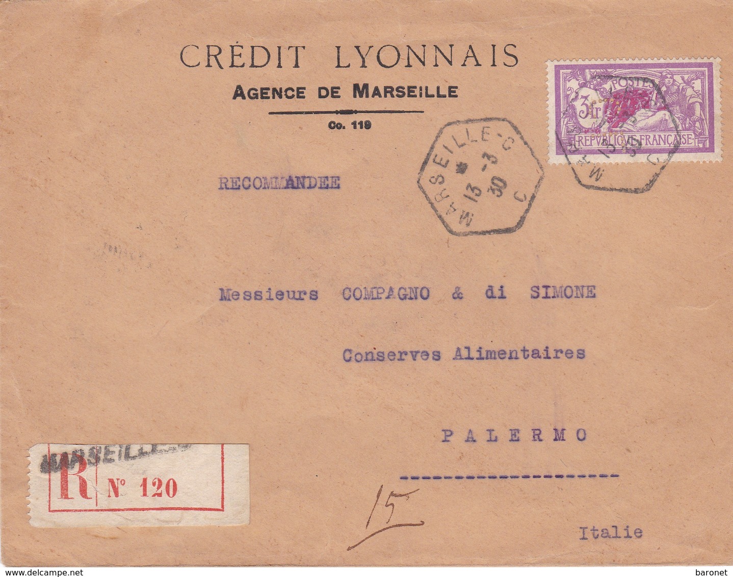 N° 240 S / Env Recommandée T.P Perforé CL. Ob Cad Marseille 13 3 30 Pour Palerme Italie - 1921-1960: Modern Period