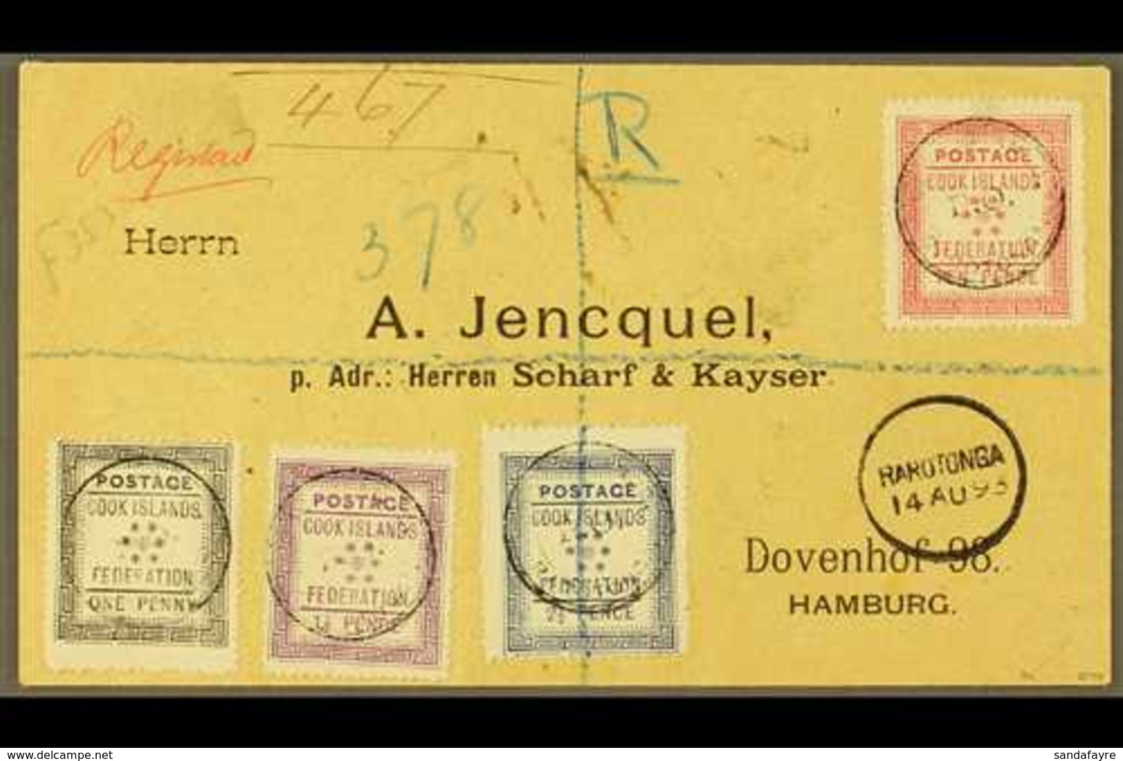 1893 (14th August) Rare Envelope Registered To Germany, Bearing The 1892 Set Of Four, SG 1/4, Tied By Black Cook Islands - Cook