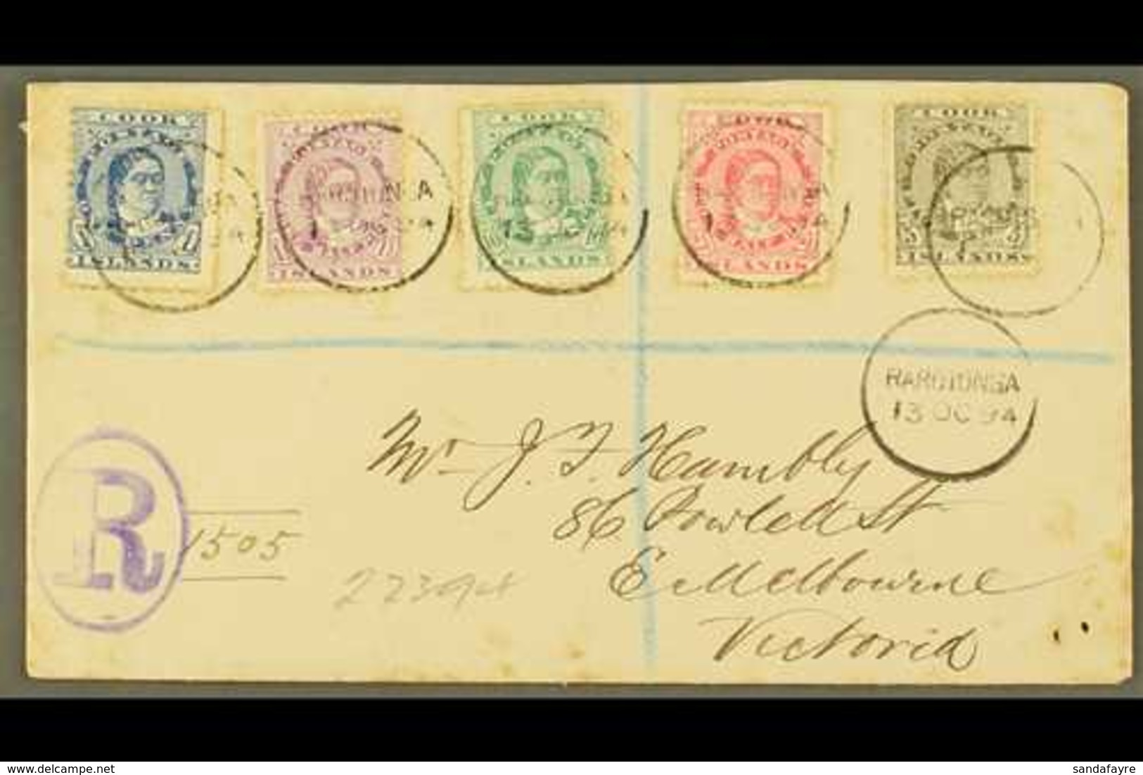 1894 (13th October) Envelope Registered To Victoria, Bearing Queen Makea Takau 1d Blue, 1½d, 2½d, 5d And 10d, Each Tied  - Cookinseln